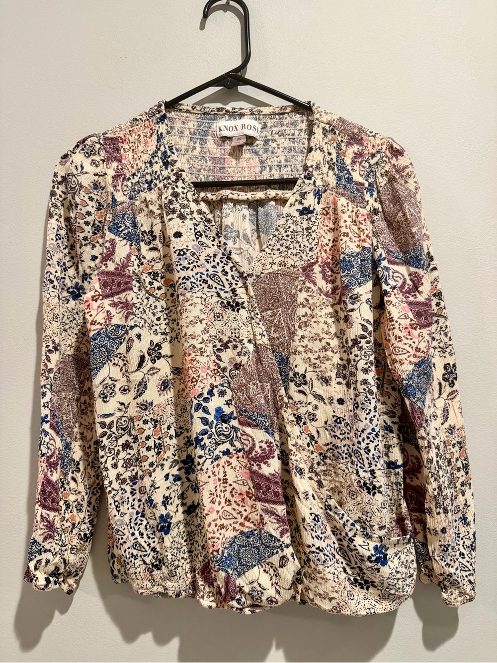 Knox Rose Cream Floral Patchwork Peasant Blouse with Blue and Burgundy Accents